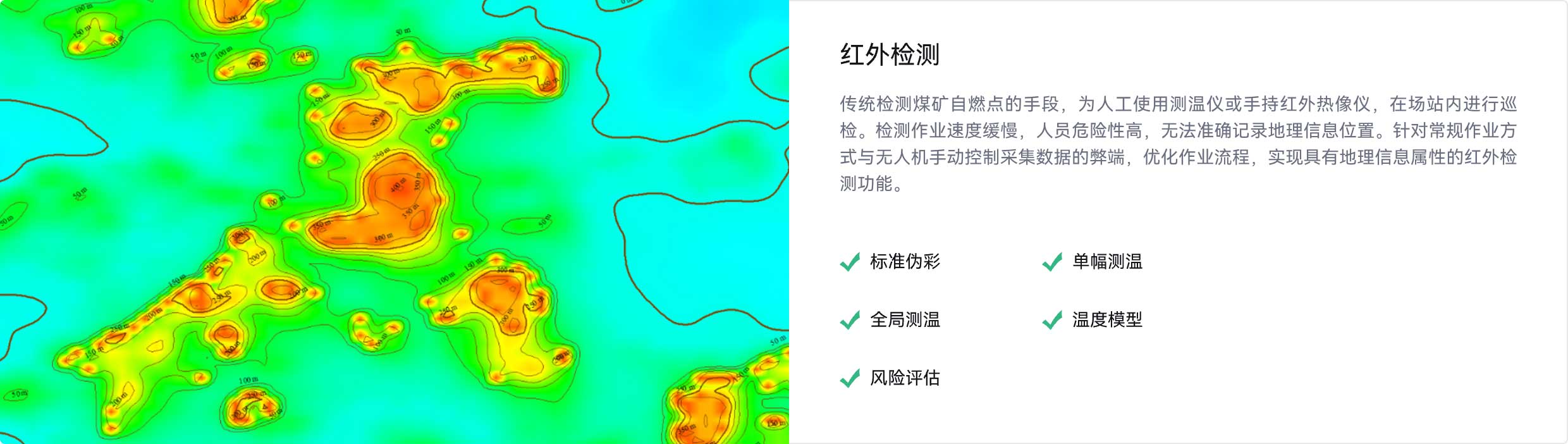 红外检测,地理信息属性的红外检测功能,标准伪彩,全局测温,单幅测温,温度模型,风险评估