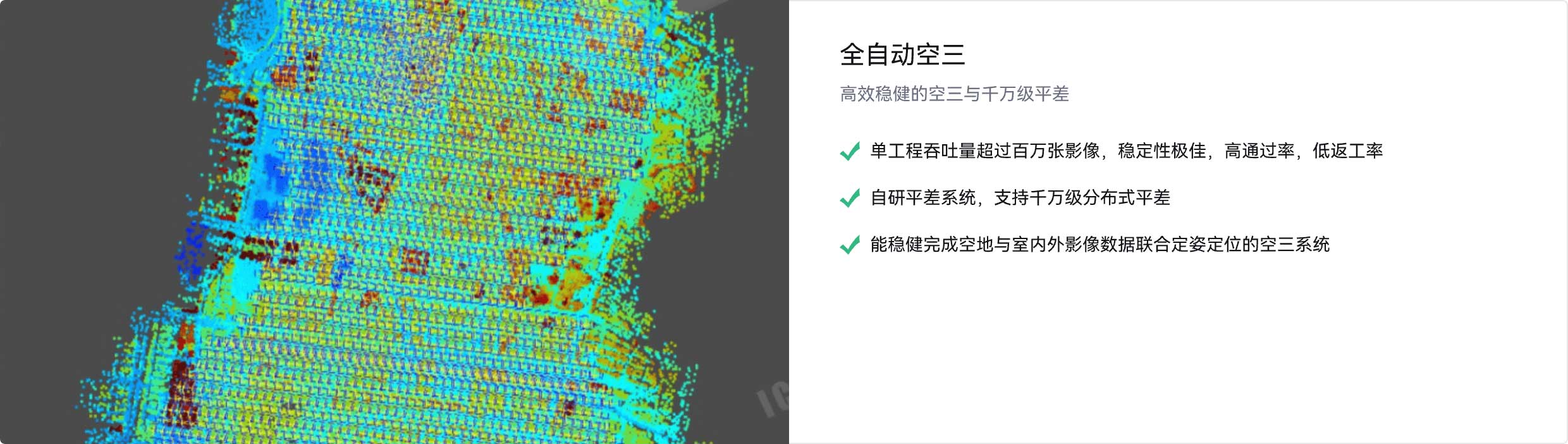 全自动空三,高效稳健的空三与千万级平差,单工程吞吐量超过百万张影像,稳定性极佳,高通过率,低返工率自研平差系统,支持千万级分布式平差,能稳健完成空地与室内外影像数据联合定姿定位的空三系统