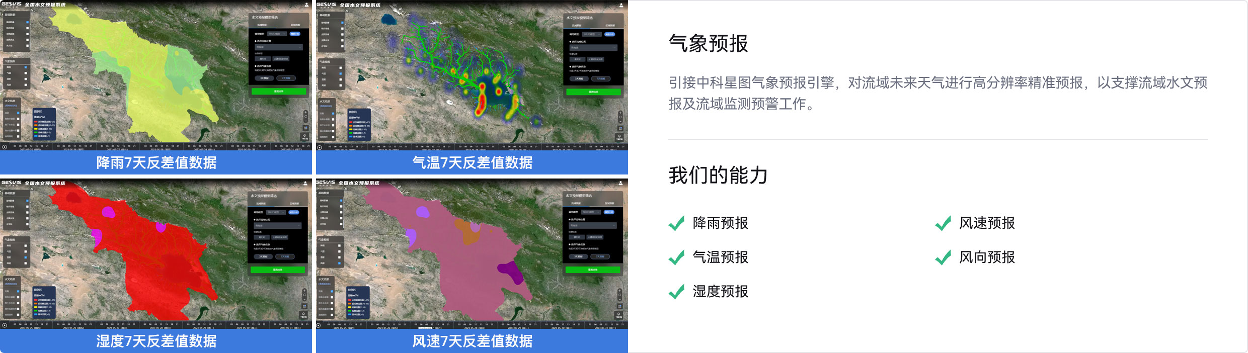 气象预报引擎,对流域未来天气进行高分辨率精准预报,以支撑流域水文预报及流域监测预警工作,降雨预报,风速预报,气温预报,风向预报,湿度预报
