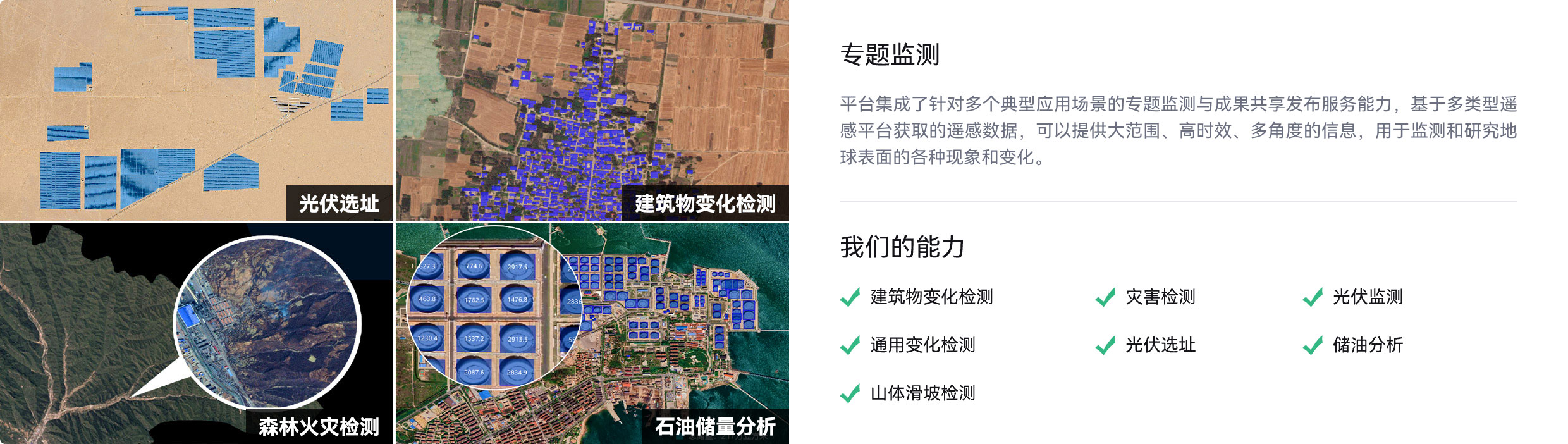 建筑物变化检测,灾害检测,光伏监测,通用变化检测,光伏选址,储油分析,山体滑坡检测
