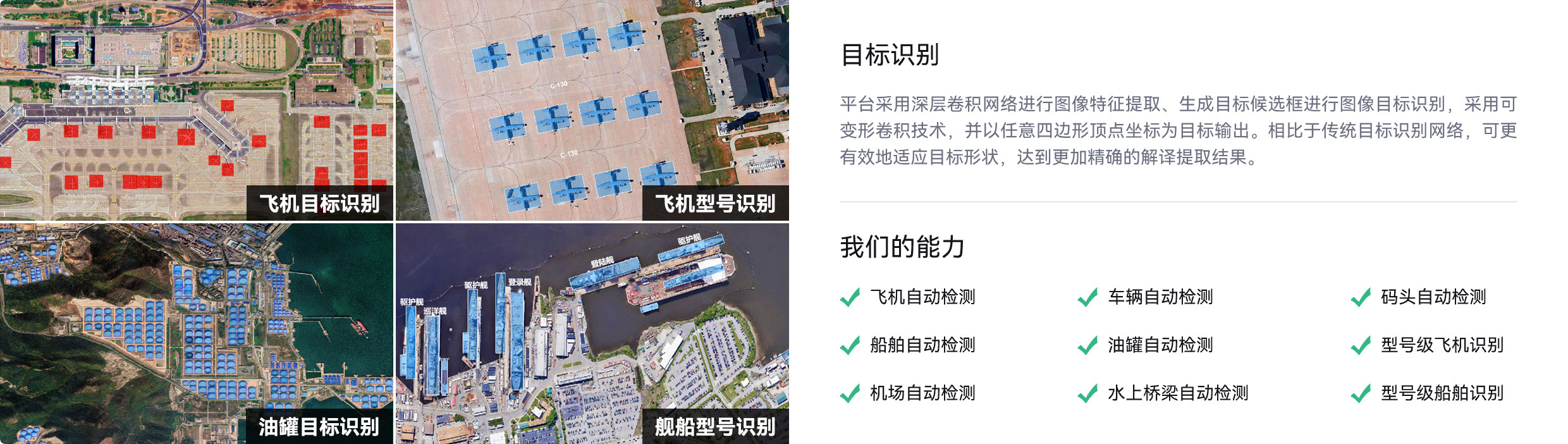 飞机自动检测,车辆自动检测,码头自动检测,船舶自动检测,油罐自动检测,型号级飞机识别,机场自动检测,水上桥梁自动检测,型号级船舶识别
