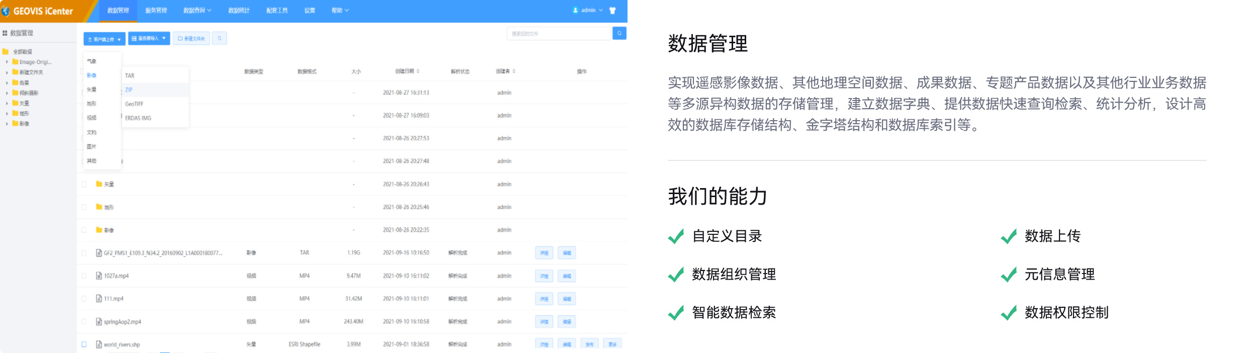 自定义目录,数据上传,数据组织,管理元信息管理,智能数据检索,数据权限控制

