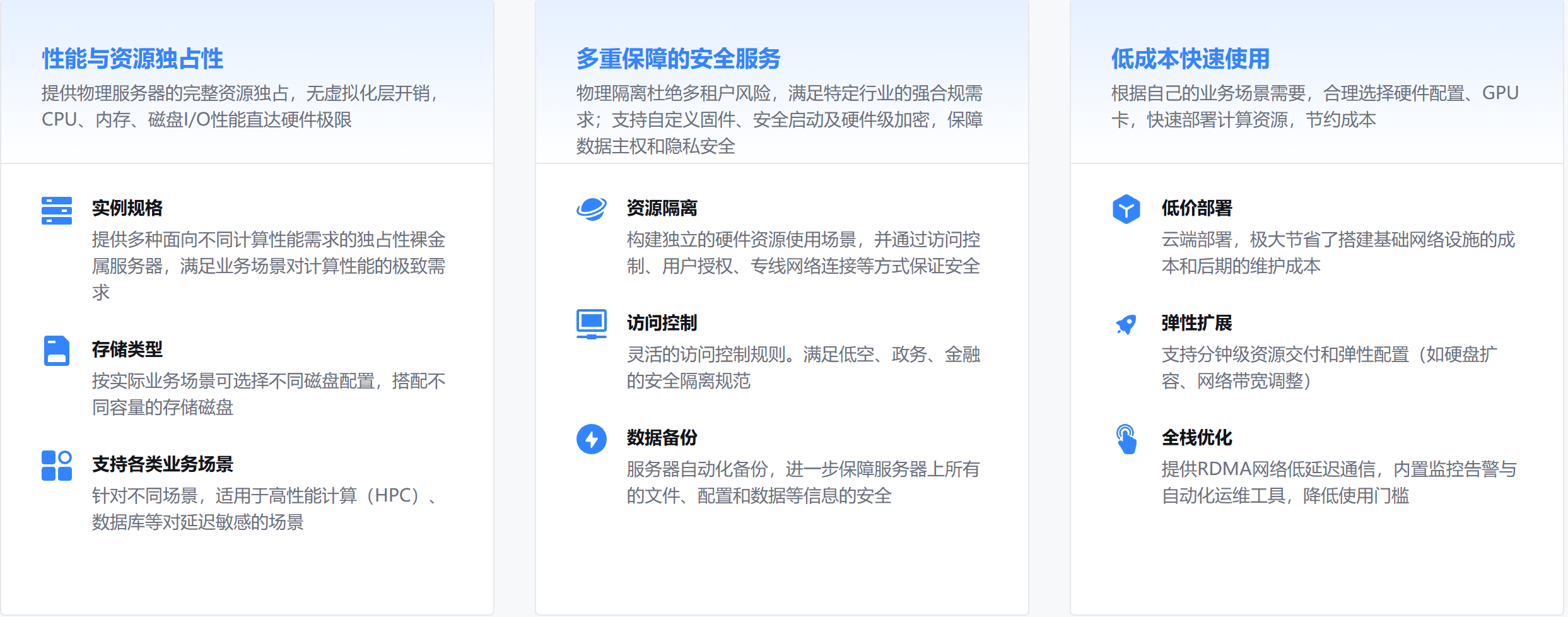 提供多种实例和存储选择,安全服务,低成本,安全,灵活,可视化,实例规格,存储类型,支持各类业务场景
